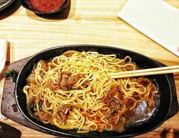 High angle view of meal served on table