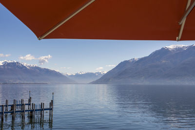 Scenic view of lake by snowcapped mountains against sky