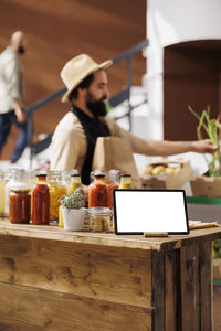 High angle view of man working at table