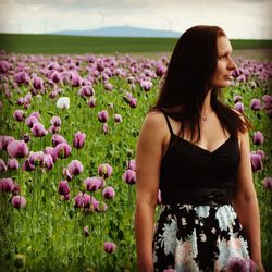Midsection of woman standing on purple flowering field