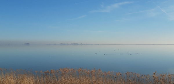 View over the ijsselmeer with the village of marken in the background