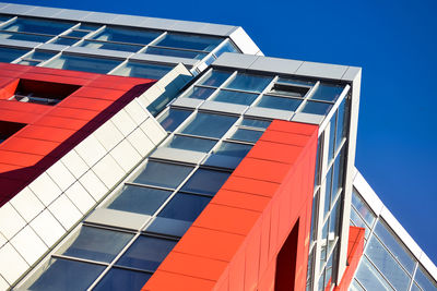 Low angle view of modern building against clear blue sky