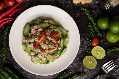 Directly above shot of salad served on table