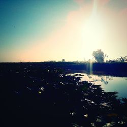 Scenic view of lake against clear sky during sunset