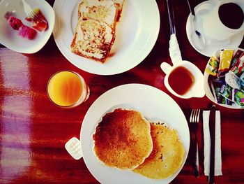 Directly above shot of breakfast served on table