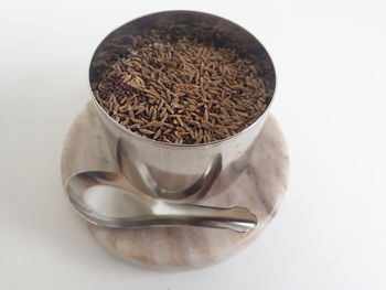 High angle view of bread in bowl on table