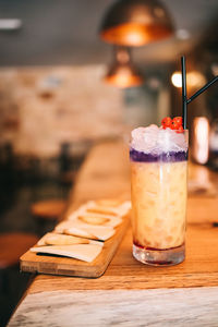 Close-up of drink served on table