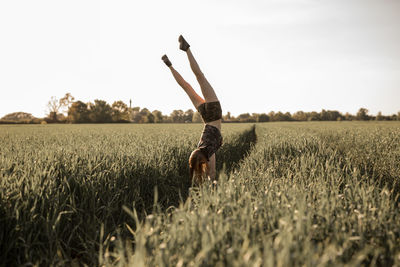 Woman doing handstand on grassy field