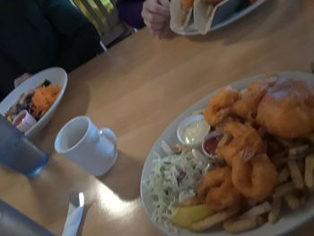 High angle view of breakfast served on table