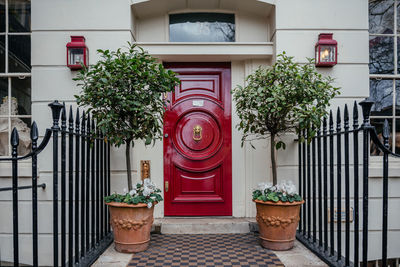 Classic entryway with red door and potted plants