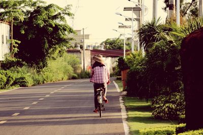 Rear view of woman with bicycle