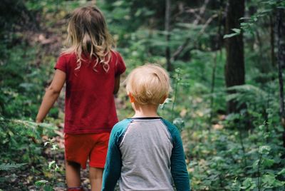 Rear view of siblings walking in forest