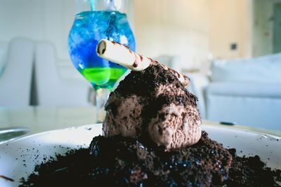 Close-up of chocolate cake on table