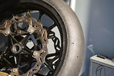 Close-up of wheel in garage