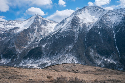 Scenic view of snowcapped mountains against sky