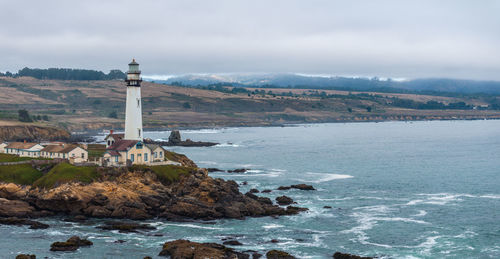 Lighthouse by sea against sky