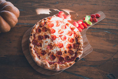 High angle view of pizza on table