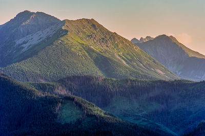 Scenic view of snowcapped mountains against sky during sunset