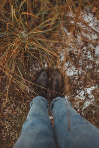 Low section of man standing on land