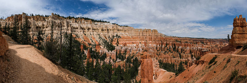 Panoramic view of rock formations against cloudy sky