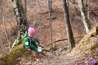 Full length of boy on tree trunk in forest