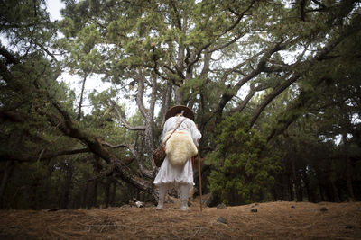 Rear view of woman standing by tree