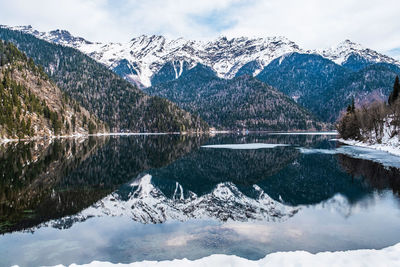 Mountain landscape. lake ritsa in the spring season. located in abkhazia, in the caucasus mountains.