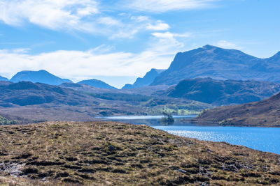 Scenic view of lake and mountains against sky