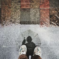 Reflection of man in shallow water