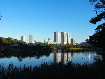 Lake and buildings against clear blue sky