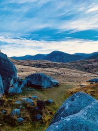 Landscape photo with bizarre rocks at sunset taken at castle hill of new zealand