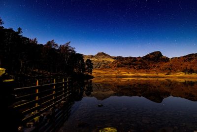 Scenic view of lake against clear sky at night