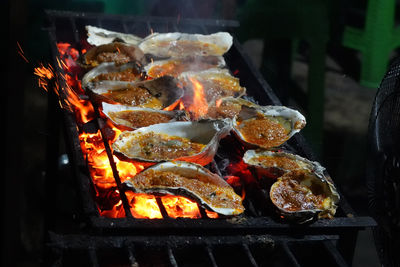 Close-up of meat on barbecue grill