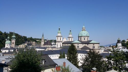 Panoramic view of buildings against clear sky