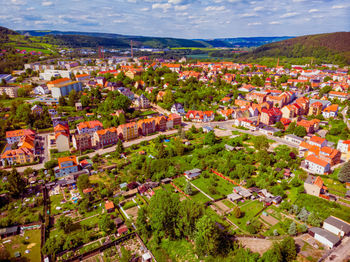 High angle view of townscape and buildings in town