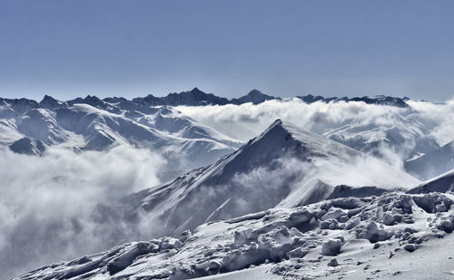 Scenic view of snow covered mountains against sky