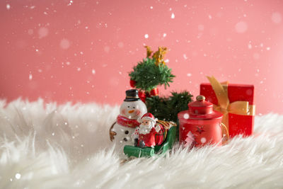 Close-up of christmas decorations on fur 