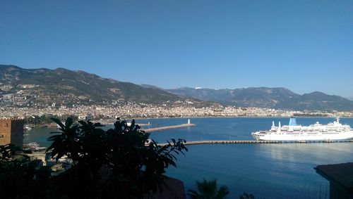 Scenic view of sea with mountains in background