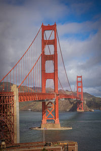 View of suspension bridge against cloudy sky