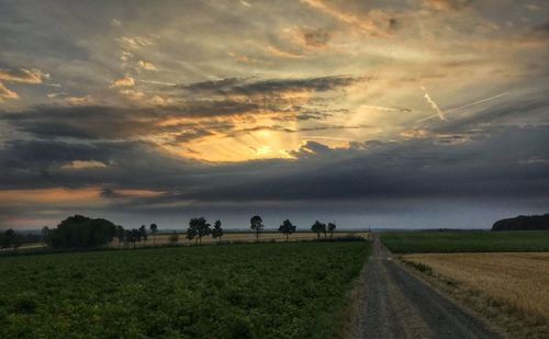 Scenic view of agricultural field against sky during sunset