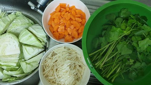 High angle view of chopped vegetables in bowl