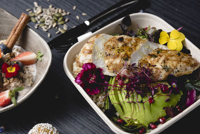 High angle view of meal served on table