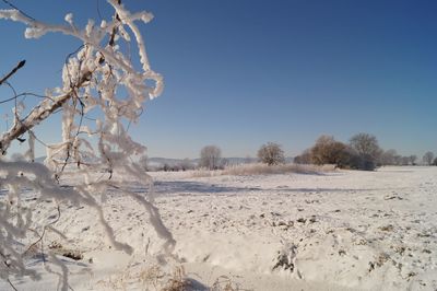 Scenic view of snow covered field against clear sky