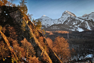 Scenic view of snowcapped mountains against sky during winter