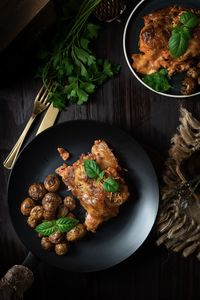 High angle view of food in plate on table