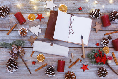 High angle view of christmas decoration on table