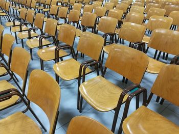 Full frame shot of empty wooden chairs at auditorium