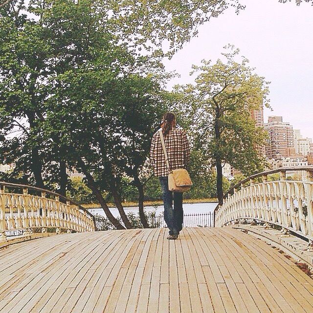 tree, railing, full length, built structure, architecture, lifestyles, leisure activity, rear view, building exterior, park - man made space, casual clothing, bridge - man made structure, footbridge, walking, day, sunlight, person, clear sky