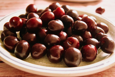 Close-up of raspberries in plate