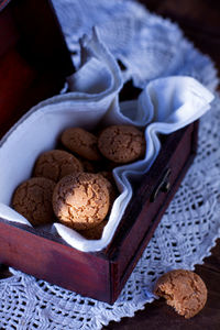 High angle view of cookies in plate on table